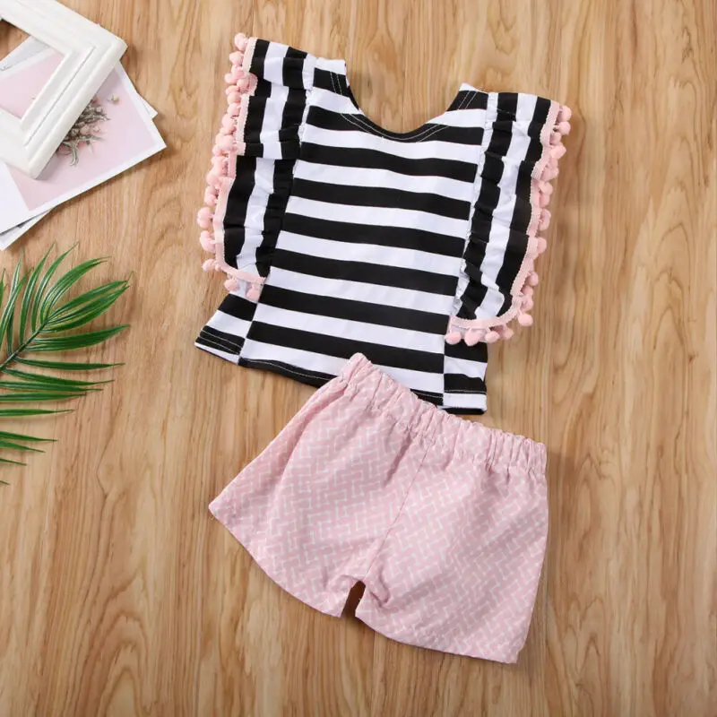 Cute Summer Baby Kids Girl Flamingo Print Stripe T shirt Tops+Shorts Pants 2PCS Outfit Clothes Set | Детская одежда и обувь