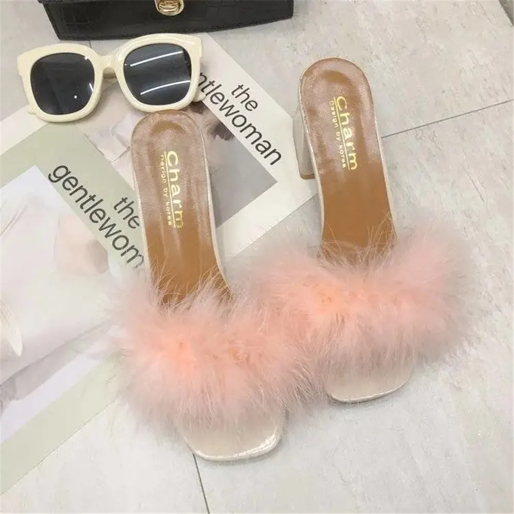 

High Heels Sandals Women Pumps PVC Transparent Feather Perspex Crystal High Heels Fur Open Toe Mule shoes woman Slides Shoes