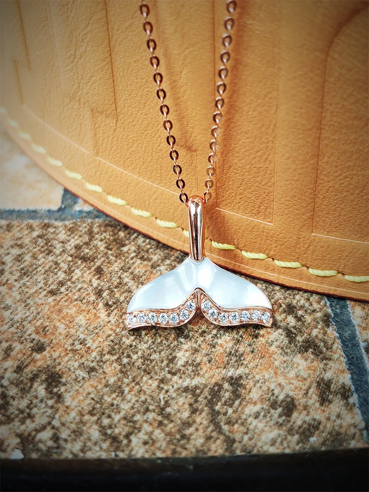 

ANI 18K Solid Rose Gold Necklace Natural Pearl Shell Jewelry Women Engagement Necklace Dolphin Tail Gold Pendant Mermaid Shape