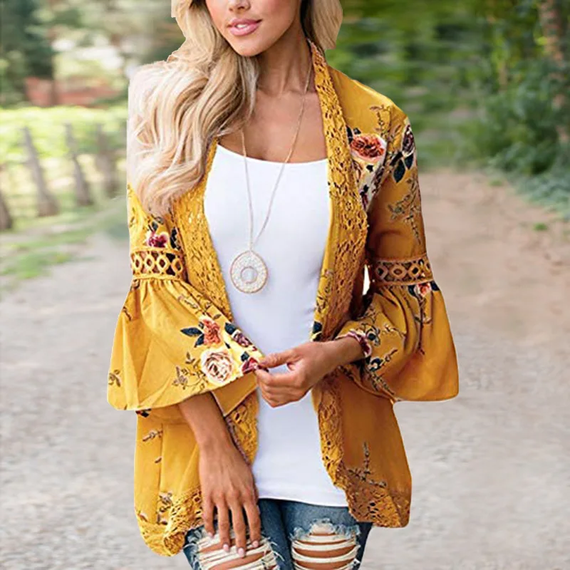 

Fashion Sexy Women Flare Sleeve Floral Printed Lace Patchwork Chiffon Cardigan Tops Casual Open Stitch Outwear Plus Size Kimono