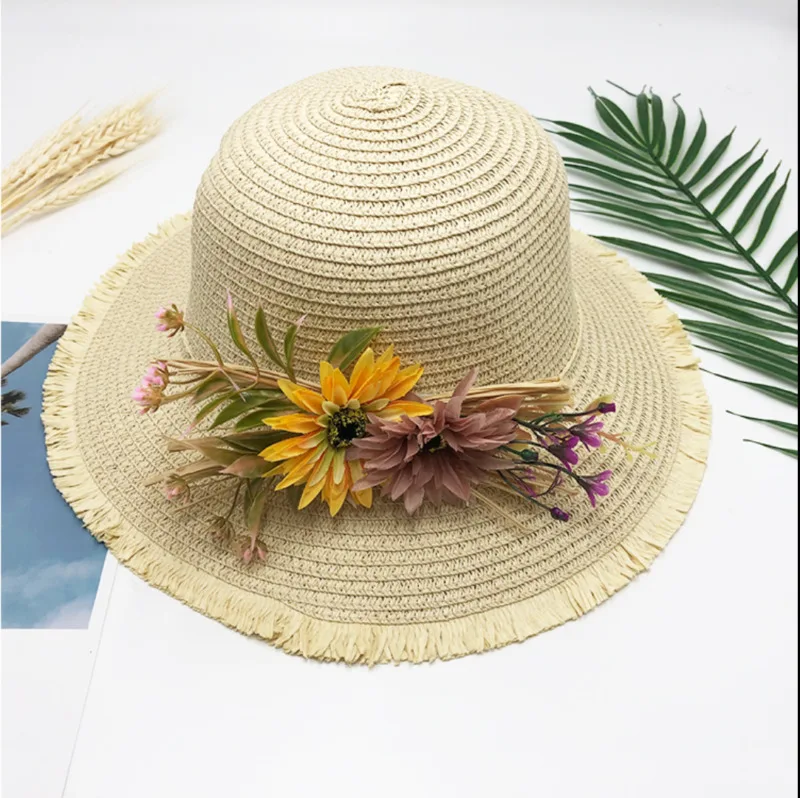 Brand Soft Floppy Hat Sun Summer Straw Beach Cap Women And Kid Girls Flower Decor Fashion Hats | Детская одежда и обувь