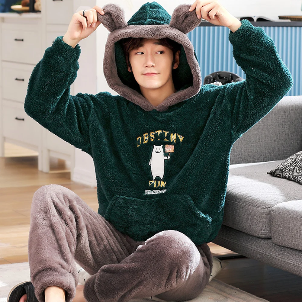 Winter Flannel Hooded Pajama Sets for Men Long Sleeve Thick Warm Pajama Cartoon Print Sleepwear Coral Fleece Homewear Sleepwear
