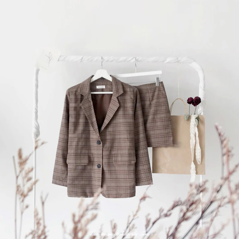 

Spring Plaid Pockets Two Piece Set Women Suit Long Sleeve Turn-Down Collar Coat Female Suits Elegant High Waist Dress Lady Set