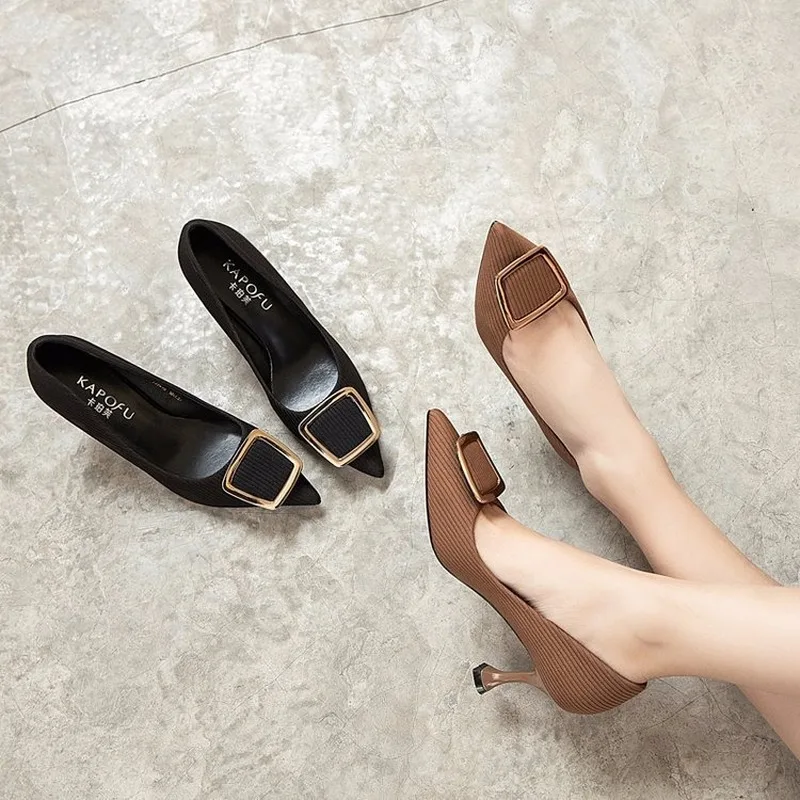 

New Sexy Ladies Shoes Pumps Thin High Heels Women Shoes Woman Pumps Square Buckle Knitting Slip on Shallow Pointed Toe Pumps