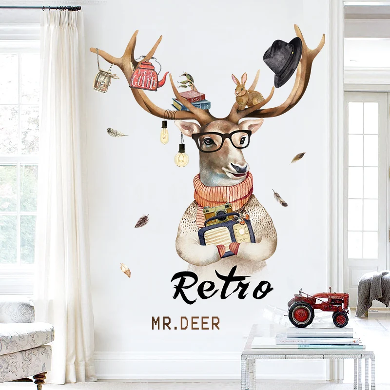 

Cartoon Deer Wall Sticker Bedroom Living Room Wall Decoration Creative Teenager Room Decor Art Self-adhesive Animal Wall Decals