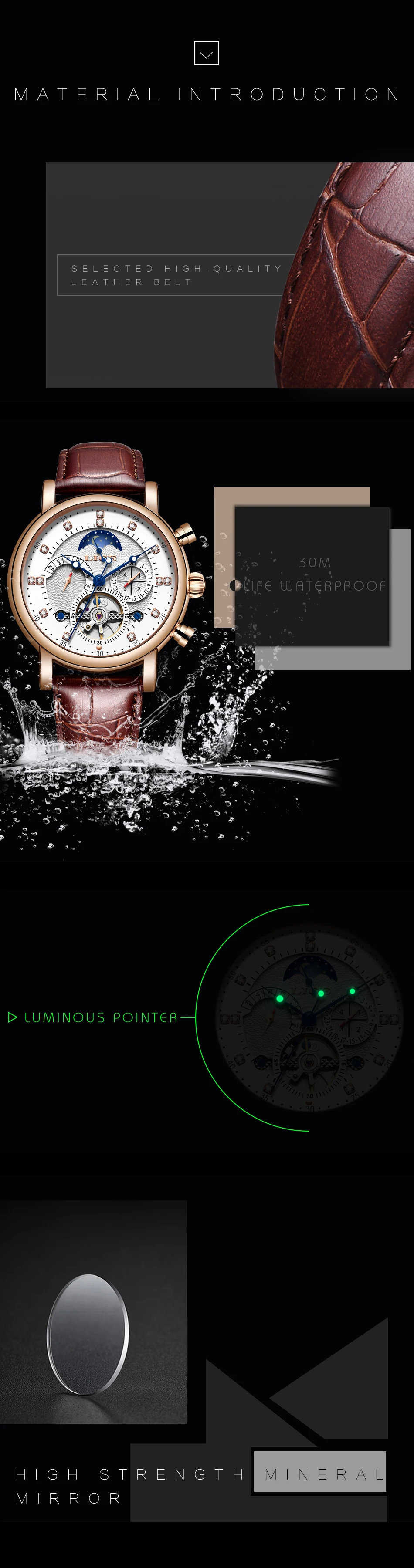Бренд lige Tourbillon модные часы в деловом стиле автоматические механические часы мужские повседневные Водонепроницаемые кожаные часы Relogio Masculino