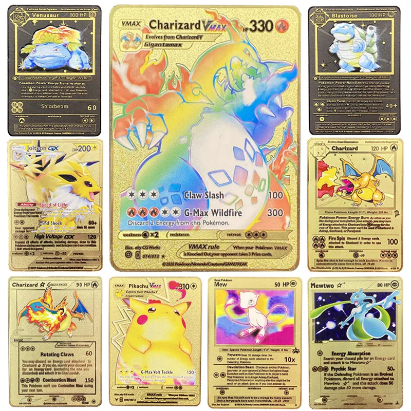 Pokemon Flash карты золотистого цвета Charizard GX VMAX V EX металлическая карта Eevee Mewtwo Pikachu Game