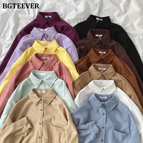 BGTEEVER 2021 Spring New Chic Long Sleeve Women Blouses Tops Single-breasted One Pocket Loose Female Solid Shirts Blusas femme