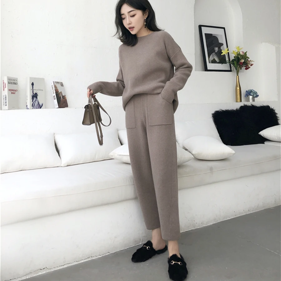 Autumn Winter Knitted Set Women Thick Warm O-Neck Loose Knit Suit Slim Pocket Harem Pants Oversized Casual Elegant Black Clothes