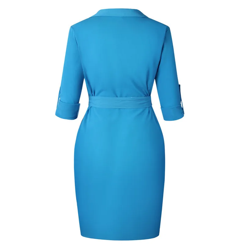 Женское офисное платье-рубашка с отложным воротником однотонное осеннее платье