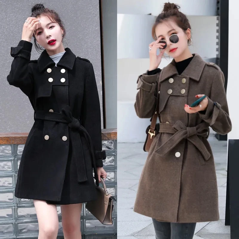 

Double-Breasted Woolen Coat Women Coat For Fall/Winter 2021 New Slim Slimming Lapel Belt Fashion Woolen Coat Solid Color Commute