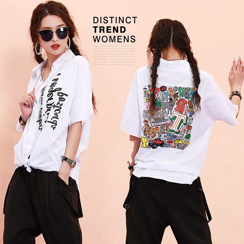 

2021 Yellow Shirt Short Sleeve Turn Down Collat Letter Print Cartoon Pattern Girls Street Summer Tops Women Blouse Plus Size