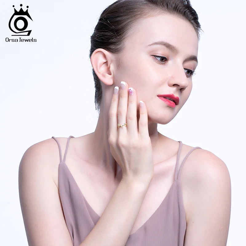 ORSA JEWELS Настоящее серебро 925 регулируемые кольца Для женщин Лист Форма 4 стиль по желанию Зеленая прозрачная AAAA фианит несколько колец ювелирные изделия SR143