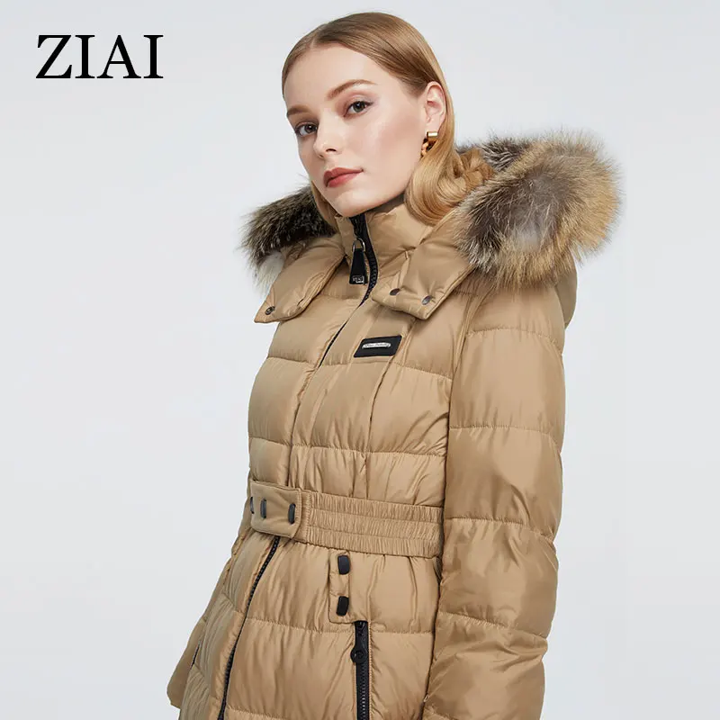

Куртка женская ziai, с меховым воротником и карманами, с длинным ремнем, для офиса, зима 2021, ZR-8716
