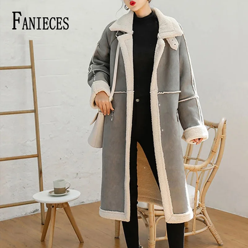 

2021 New Autumn Winter Leather Jacket Coat Women Mid-length Thicken Fur Collar Cashmere Coats Loose Wool Jacket пальто женское