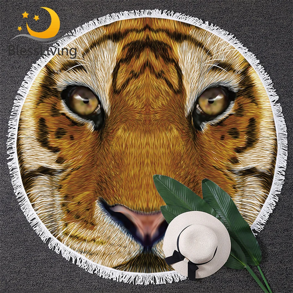 Круглое пляжное 3d полотенце с тигром кисточками 150 см|Банные полотенца| |