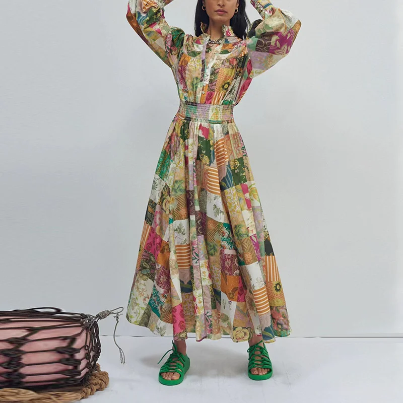 

EDGLuLu Fashion 2021 Fall Stand-up Collar Single-breasted Long Sleeves Dress Casual Bohemia Retro Floral Print Dress 1020
