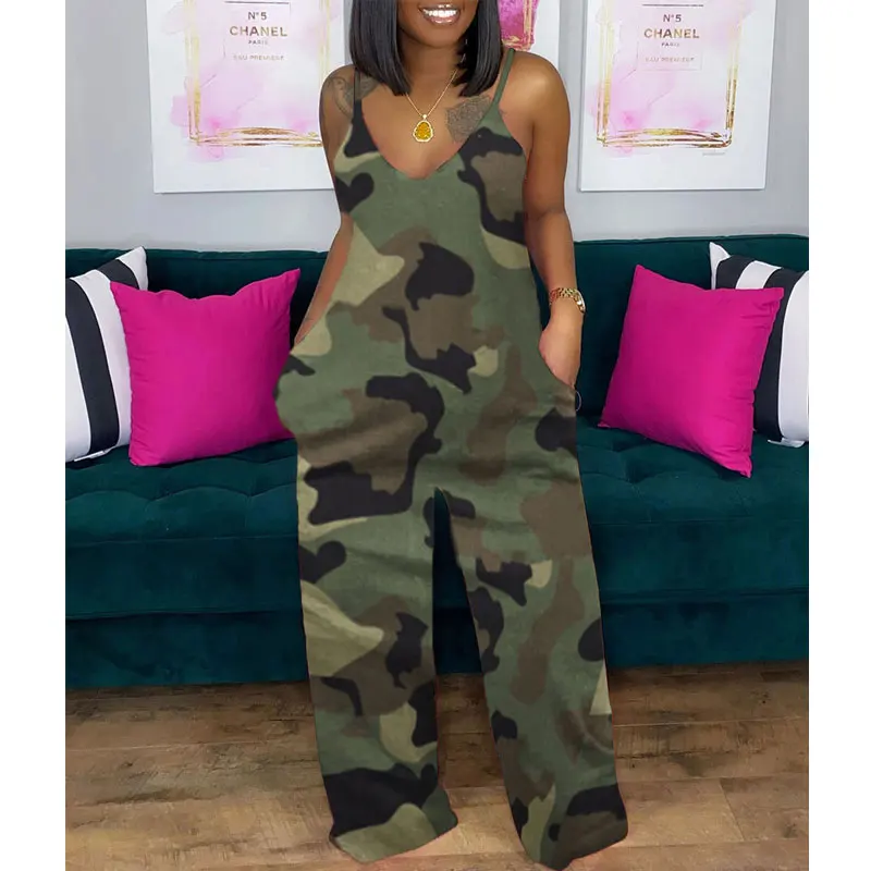 Women 2021 Camouflage Spaghetti Strap V Neck Female Lady Clothing Summer One Piece Jumpsuits Rompers Playsuits Long Pants