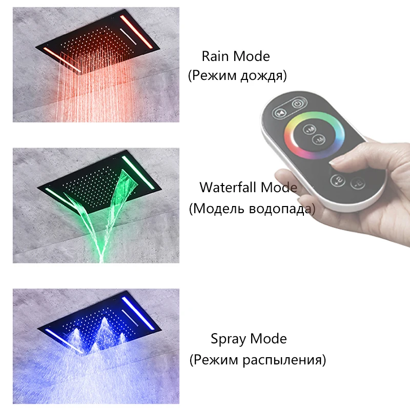 저렴한 블랙 LED 온도 조절 은폐 샤워 꼭지 세트 천장 50cm * 36cm, 비/폭포 모드, 컨트롤 박스, 온도 조절 샤워 구매 블랙 LED 온도 조절 은폐 샤워 꼭지 세트 천장 50cm * 36cm, 비/폭포 모드, 컨트롤 박스, 온도 조절 샤워