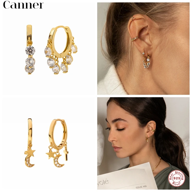 

925 Sterling Silver Hoop Earrings Luxury AAAAA Zircon Cross Star Moon Dangle Earrings For Women Fine Jewelry Pendientes Mujer W4
