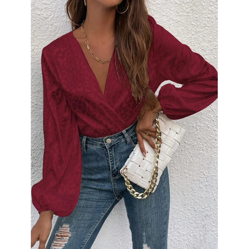 Женское жаккардовое боди с длинными рукавами-фонариками и леопардовым принтом |