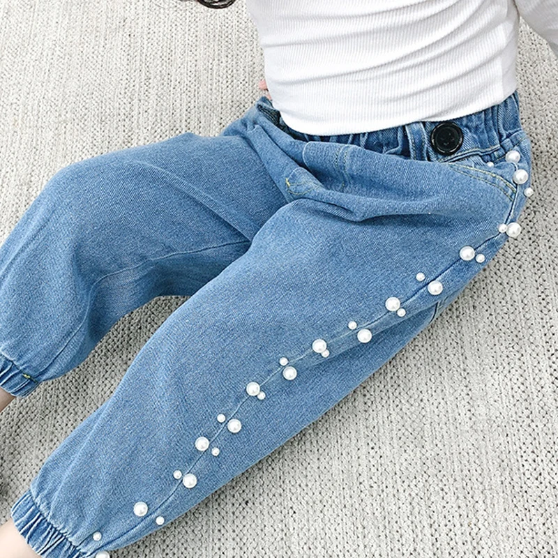

Keelorn Kids Pearls Jeans 2021 New Fashion Fall Autumn Children's Sweet Denim Pants Girls Baby Casual Solid Color Trousers 1-6Y