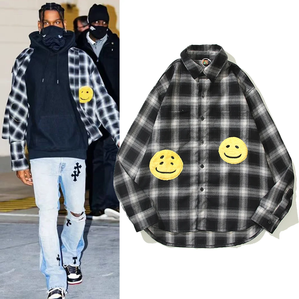 

Plaid Stripe Embroidery Yellow Hairy Smiley CPFM Shirt Jacket Men Women Harajuku Winter Woolen Fleece Shirts Coat Fash Shiping