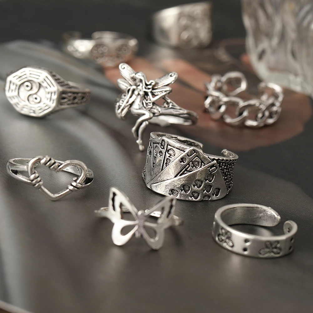 Винтажный серебряный набор колец в стиле хип-хоп с скелетом цепочка готика и панк