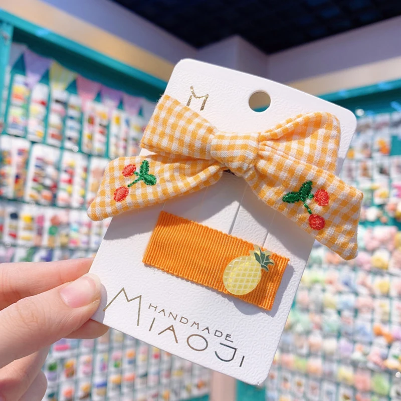 2Pcs/Set Kids Cartoon Hair Accessories Cherry Fruit Elastic Band Hairpins Headwear Set Girls Plaid Bow Clips Headdress |