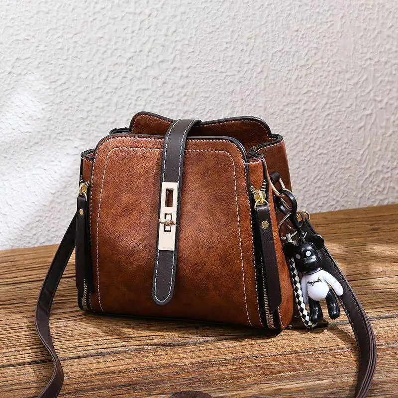

HSL Summer Fashion Women Bag Leather Bucket Handbags PU Shoulder Bag Small Flap Crossbody Bags Womens Messenger Bags-Brown