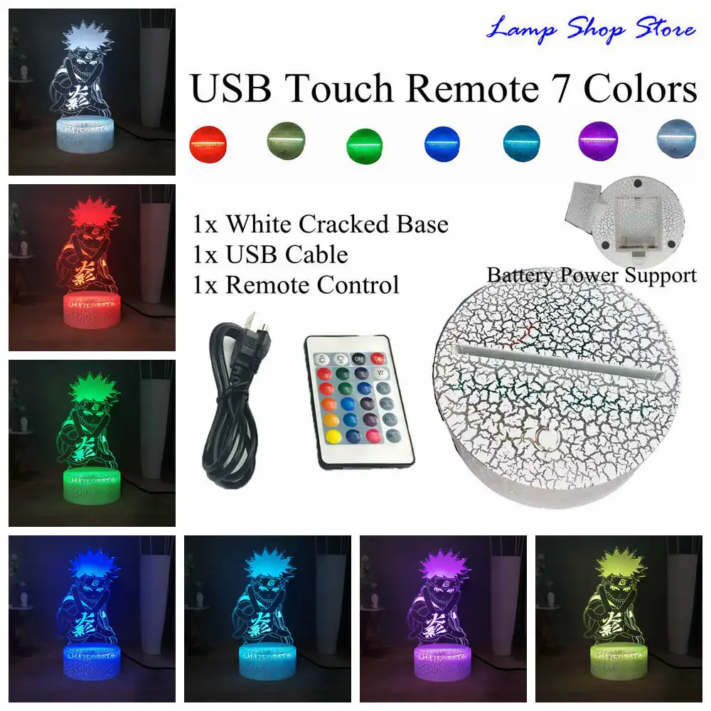 W-USB Remote 7 color Новинка 3D Иллюзия настольная лампа Узумаки Наруто Акриловые RGB многоцветный прикроватный светильник USB пульт дистанционного управления светодиодный ночной Светильник Детский праздник - Испускаемый цвет: W-USB Remote 7 color