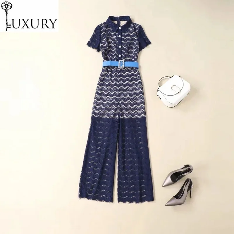 Quality Jumpsuit 2020 High Summer Party Event Women Turn-down Collar Allover Crochet Lace Beading Button Long Jumpsuits