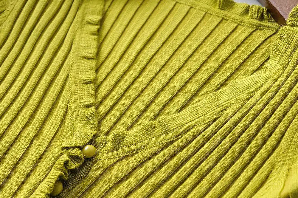 Винтаж оборками V образным вырезом вязаный Для женщин футболка центральные