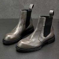 nice special grey color men slip on mid calf boots modern man big round toe chelase boots winer non slip trendy shoes