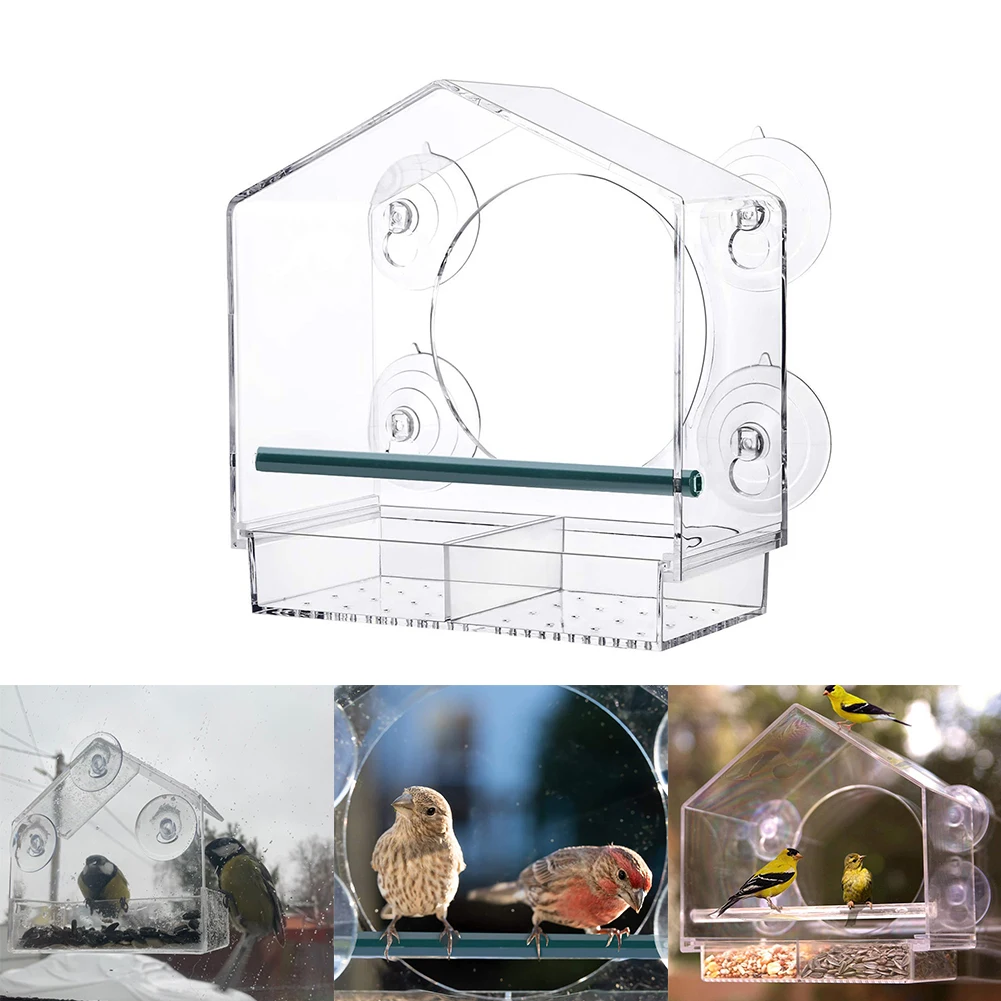

Acrylic Anti-squirrel Window Bird Feeder With 4 Suction Cups Transparent Hanging Bird House With Sliding Seed Tray Drain Holes