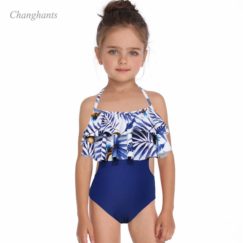 Синий Girl one piece Swimsuit Blue and Purple with flowers print kid swimwear Children bathing suit child summer beach wear - Цвет: Синий