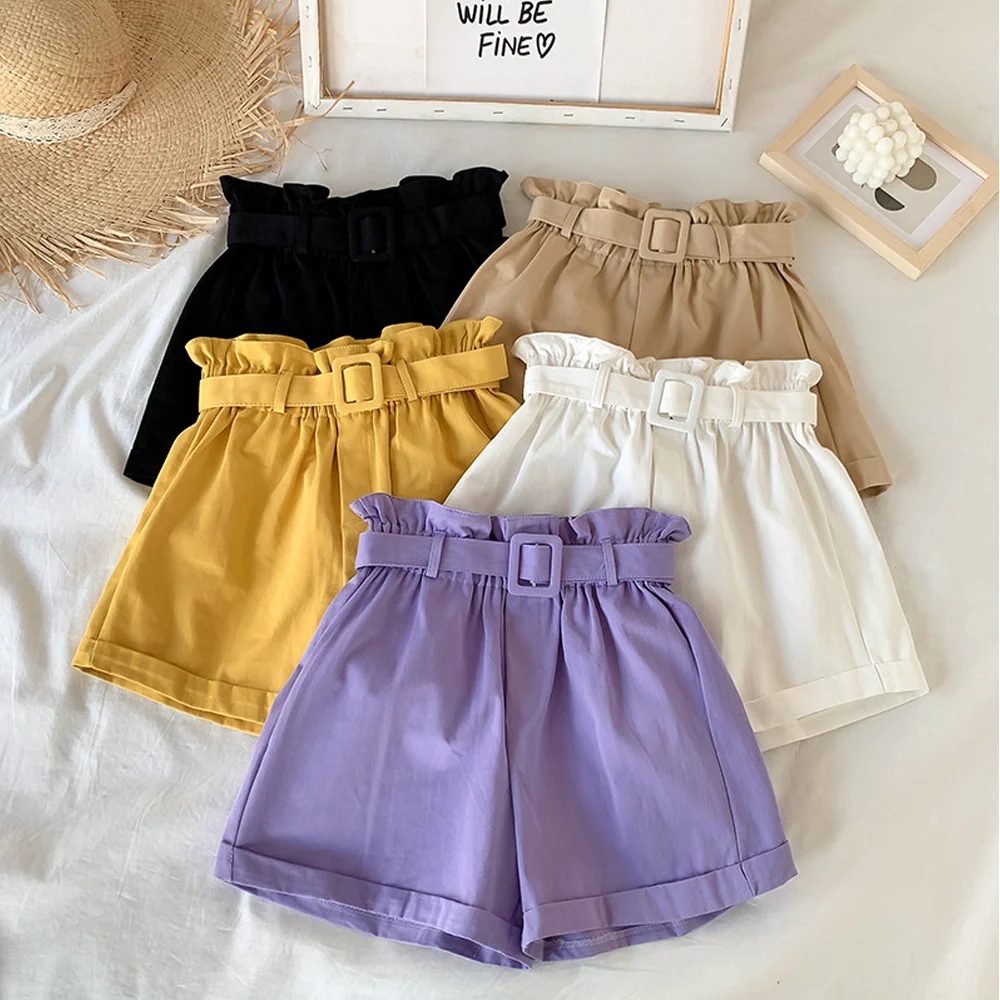 

2021 Summer Elegant High Waist Shorts Women Casual Solid Wide Leg Loose Cotton Short Pants With Belt Korean Sweet Girls SP1433
