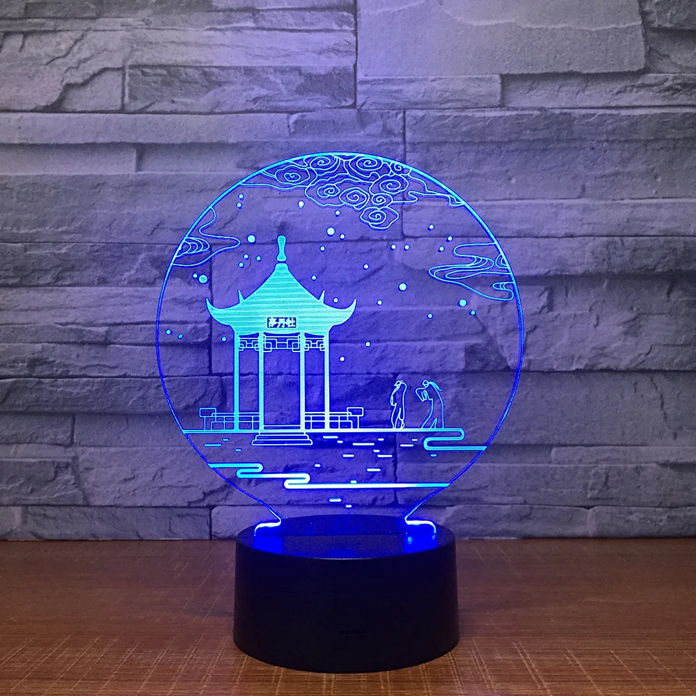 СВЕТОДИОДНЫЙ 3D лампа Иллюзия сенсорный пион павильон пейзаж ночник авто для
