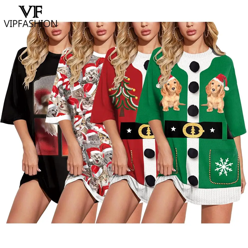 

VIP FASHION Christmas Women T-shirt Summer Casual Pullover Short Sleeve Unisex Loose Tops Santa Claus 3D Printed Clothing Tee
