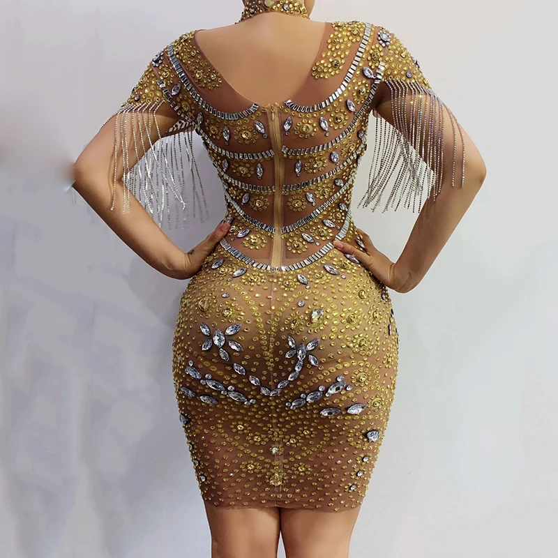 

Gold Rhinestones Fringe Transparent Dress Bar Birthday Celebrate Mesh Outfit Women Nightclub Dj Dancer Wear Prom Dresses DT2058