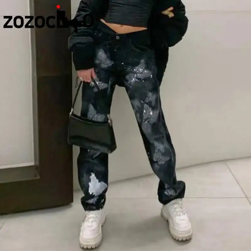 

Новые черные женские джинсы E-Girl с принтом бабочек, в стиле Харадзюку, мешковатые джинсовые брюки, винтажные брюки, уличная одежда Y2K