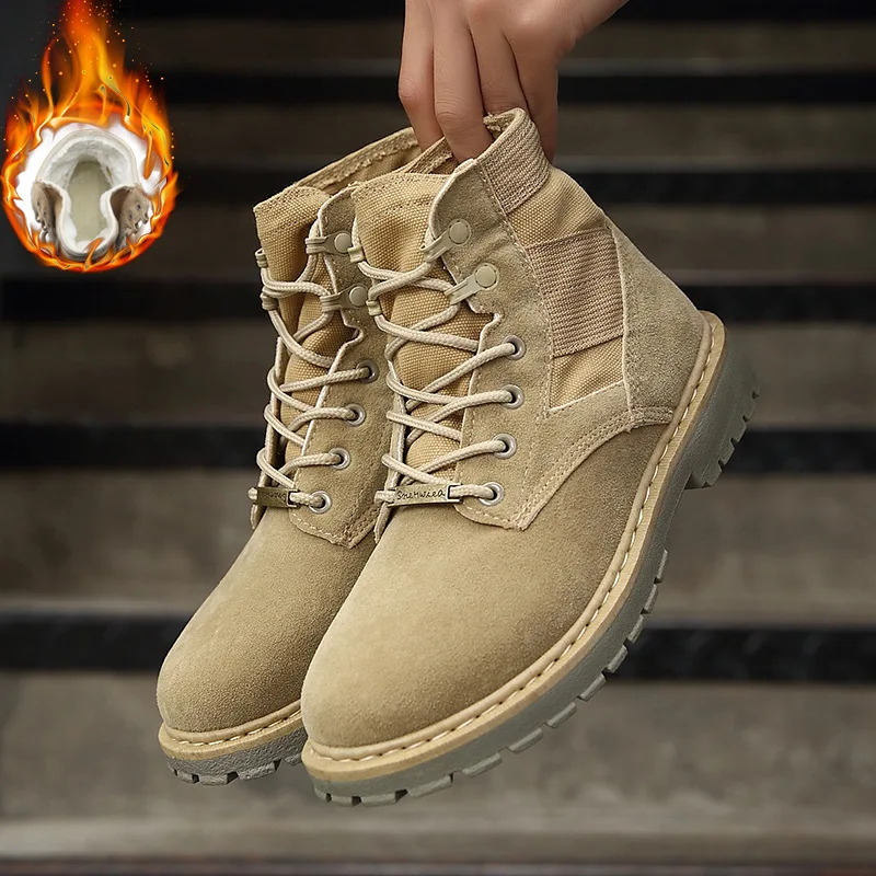 

Men Flat Shoes Outdoor Combat Military Shoes Waterproof Non slip Desert Snow Boots Plus Velvet Thick High Top Thick Soled Boots