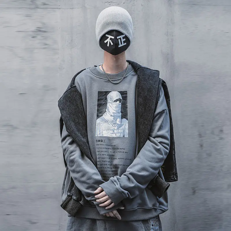 

Japanese national hacker long-sleeved sweater men and women loose round neck youth popular printed casual T-shirt