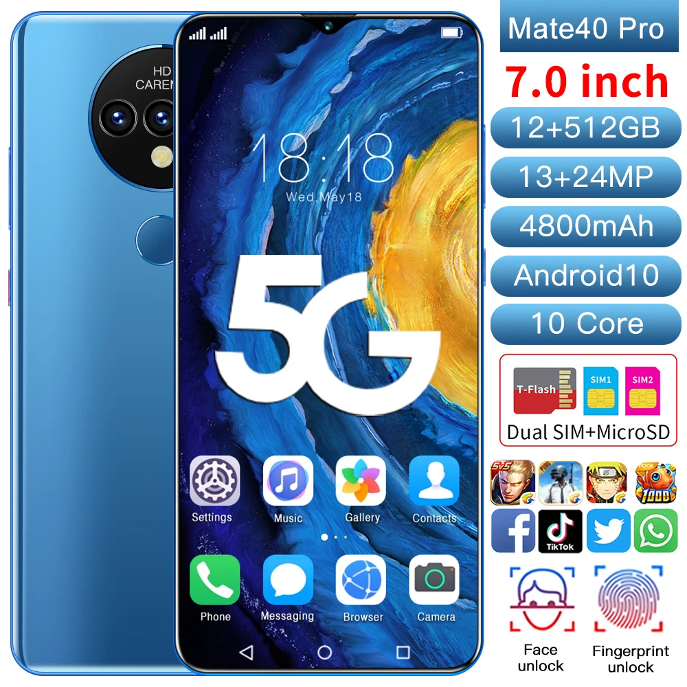 

Global Version Smartphone Mate40 Pro 7.0Inch 12GB+512GB Android 10 Deca Core 4G 5G 4800mah 13MP+24MP MTK6899 Telephone Celulares