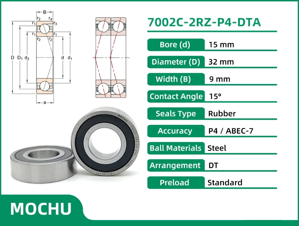 1 пара MOCHU 7002 7002C 2RZ P4 DT A 15x32x9 15x32x18 герметичные Радиально-упорные подшипники скорости шпинделя ЧПУ ABEC-7