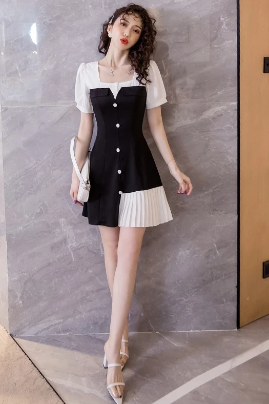 

COIGARSAM Patchwork Women one-piece dress korean New Summer Short Sleeve Panelled Dresses Black 1316
