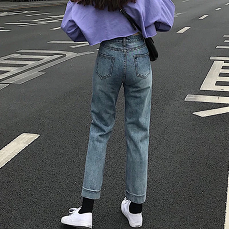 

High Waist Wash Distressed Wide-Leg Pants Spring Women 2021 New Korean Style Versatile Loose Slimming and Straight Denim Pants