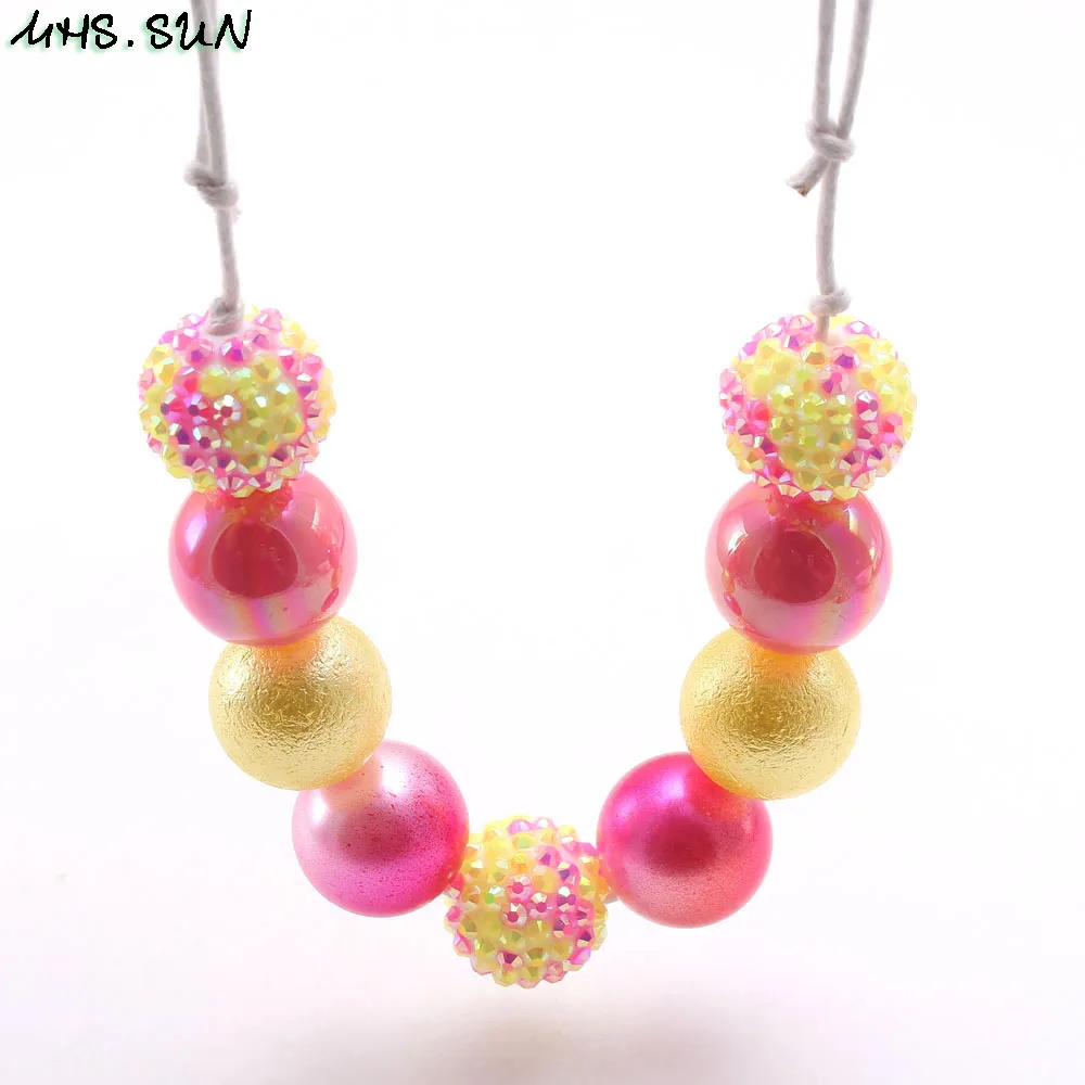 MHS.SUN New design baby chunky beads necklace diy red color bubblegum beaded necklace for kids girls adjustable rope jewelry 1pc - Metal Color: 2