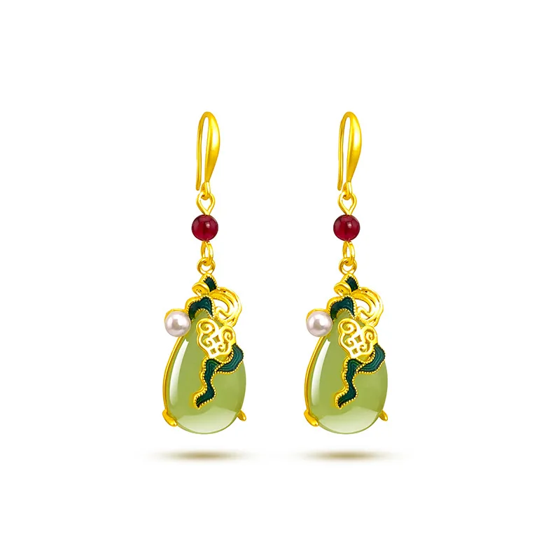 

Golden Inlaid Jade Drop Earrings 18K Gold Ethnic Style Waterdrop Jade Earrings for Women Jewelry for Women