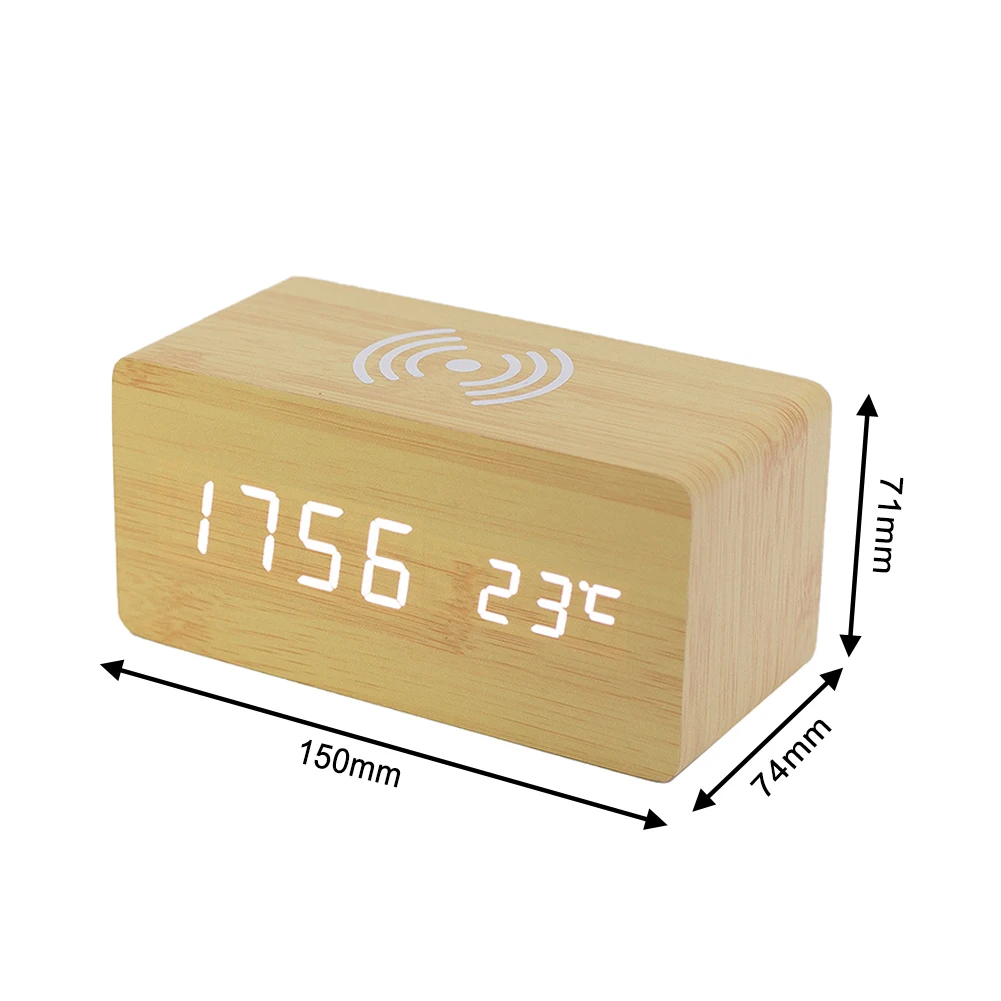 

Wooden Alarm Clock With Qi Wireless Charging Pad For Iphone Samsungee HD Mirror Led Digital Clock Date Sound Control Home Decor